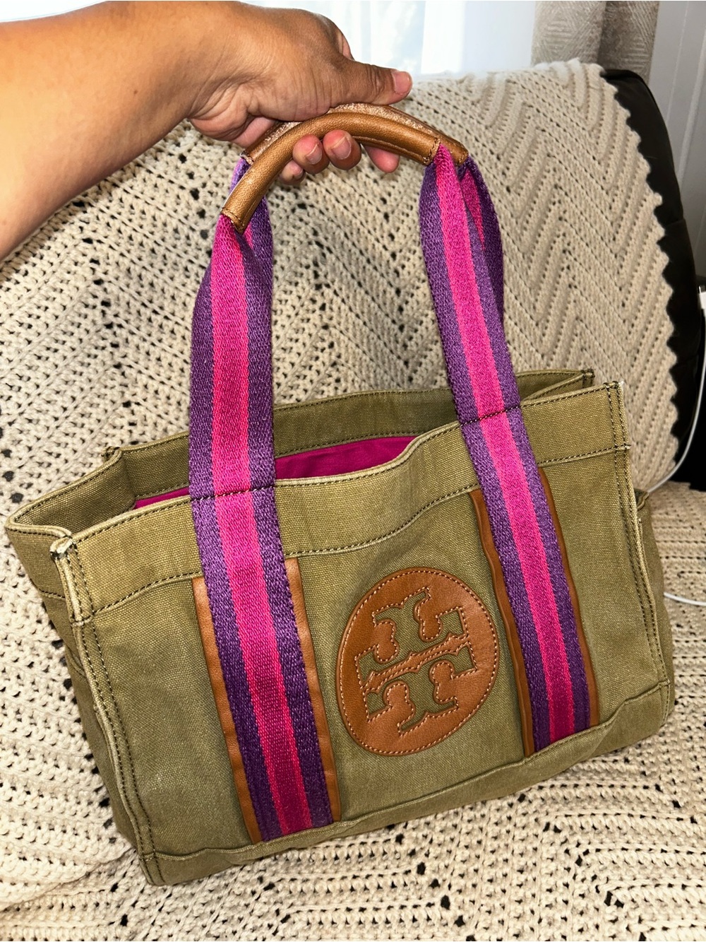 Tory Burch Olive Canvas Tote with Pink & Purple Stripe Handles - Picture 3 of 10